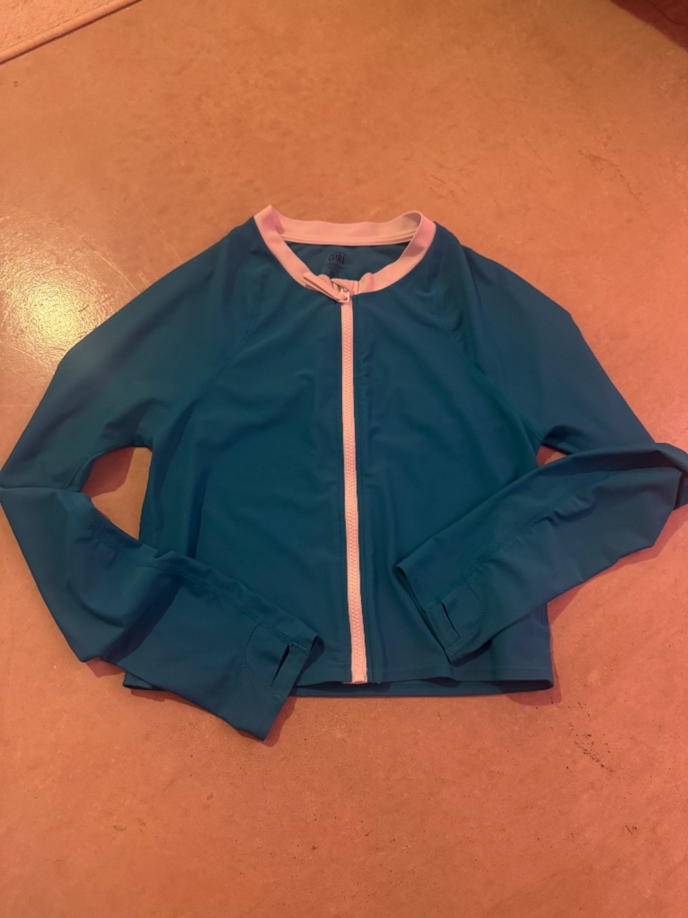 Athleta Girl Rashguard Shirt Girls XXL 16 Blue & White Long Sleeve Swim Top Zips